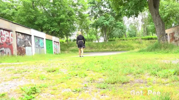 Blonde girl Nykla hitches up her dress before taking a piss by a garage  - Pissing, Pussy, Close Up, Panties, Shaved, Spreading, Outdoor, Skirt, Beautiful, Solo  - Photo 15