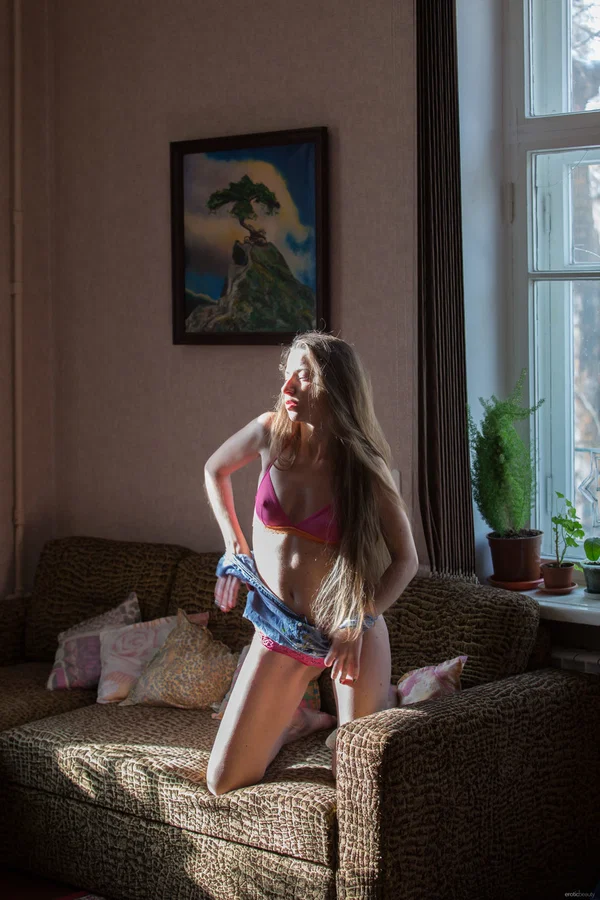 Teen girl with long hair Mika A gets totally naked on a sofa in a window sill  - Teen, Amateur, Cute, Pussy, Blonde, Tiny Tits, Beautiful, Sexy, Panties, Model  - Photo 7
