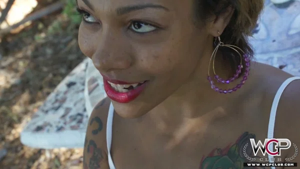Tattooed black girl Diamond gags on a black dick during outdoor gonzo fucking  - Ebony, Outdoor, Tattoo, Hardcore, African, Pornstar, Cumshot, Cum In Mouth, Blowjob, Black  - Photo 2