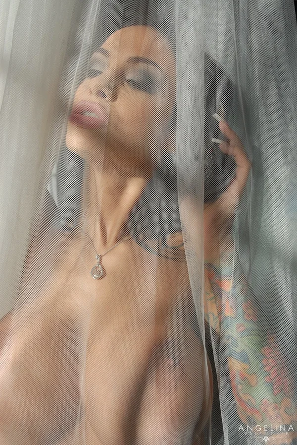 Latina Angelina Valentine talks on the phone as she poses behind the curtain  - Pornstar, Latina, Sexy, Brunette  - Photo 7