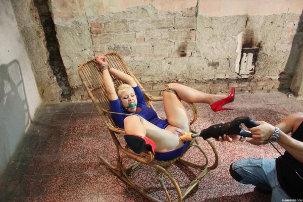 Punky blonde in rope restraints and a ball gag endures a masturbation session  - Bondage, Fetish, Pussy, BDSM, Shaved, Spreading, High Heels, Legs, Dildo  - Photo 11
