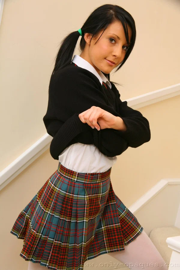 Hot schoolgirl Chloe Toy posing topless on the stairs in white pantyhose  - Secretary, Uniform, Petite, Pantyhose, Schoolgirl, Skirt, Teen, Non Nude, Cute, Undressing  - Photo 6
