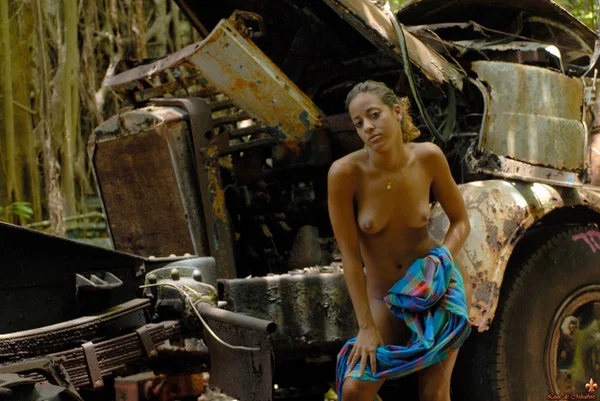 Solo girl with perky tits poses nude afore the remains of heavy equipment  - Tiny Tits, Outdoor, Model, Panties, Ass, Shaved, Nipples, Legs, Babe, Beautiful  - Photo 7