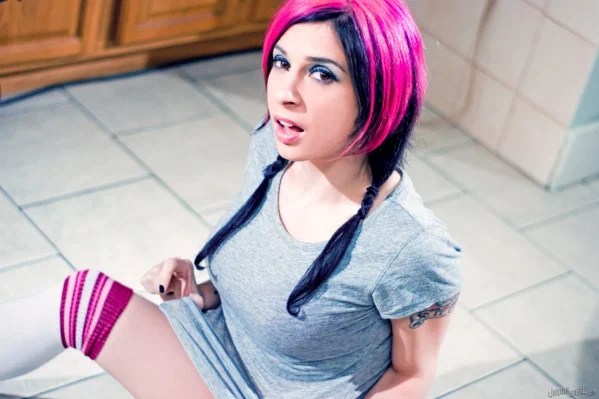 Solo model with dyed hair Joanna Angel finger spreads her bush in OTK socks  - MILF, Arab, Tattoo, Socks, Spreading, Hairy, Face, Ass, Clothed, Lingerie  - Photo 5