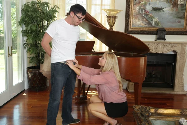 Blonde MILF gives an amazing blowjob after her piano lesson, until he cums  - Cougar, Old Young, Mature, MILF, Handjob, Blowjob, Big Tits, Natural Tits, High Heels, Glasses  - Photo 7