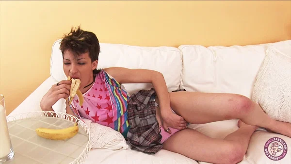 Teen with short hair Rene fills her pussy with a banana on a couch  - Upskirt, Short Hair, Amateur, Pussy, Dildo, Close Up, Masturbation, Beautiful, Tiny Tits, Spreading  - Photo 2