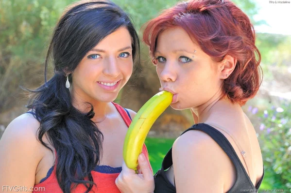 Young friends Madeline and Rita strip and stick a banana in their holes  - Public, Big Clit, Jeans, Dildo, Redhead, Amateur, Outdoor, Sexy, Lesbian, Model  - Photo 7
