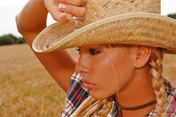 Hot cowgirl with pigtails taking off her shorts and masturbating her gash  - Outdoor, Big Tits, Blowjob, Spreading, Pussy  - Photo 1