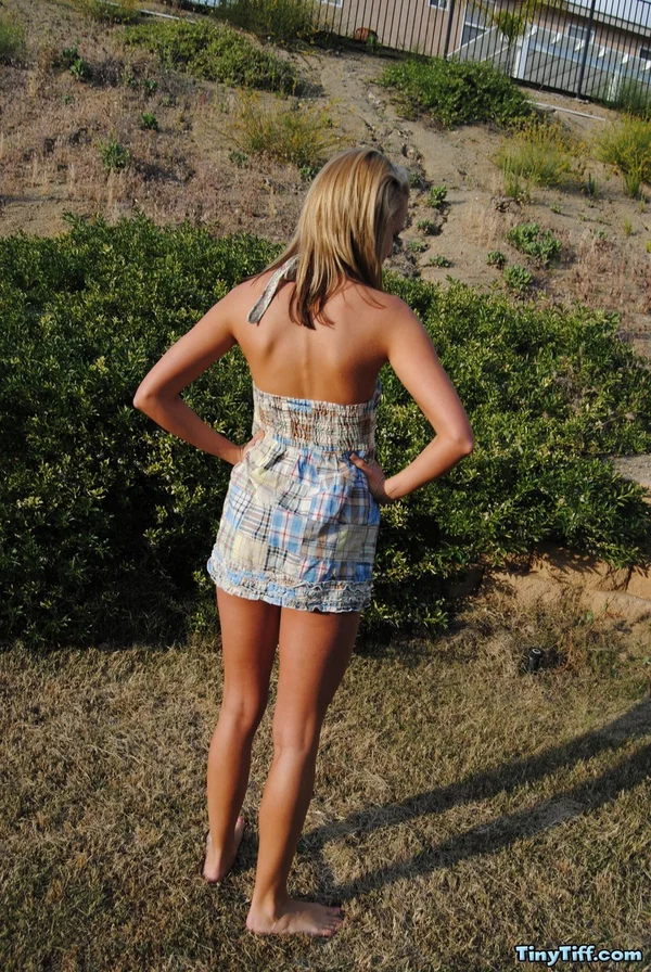 Blond amateur Tiny Tiff removes a summer dress and thong to stand nude outside  - Amateur, Outdoor, Blonde, Babe, Piercing, Legs, Ass, Close Up, Skirt, Upskirt  - Photo 2