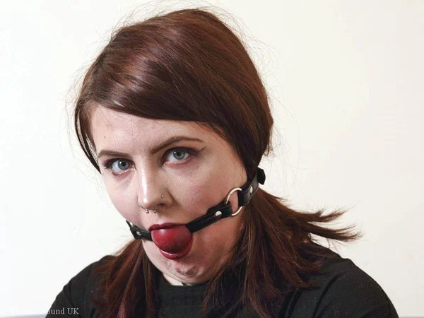 Tattooed redhead Luna La Roux sports a ball gag while restrained with straps  - Curvy, BBW, Chubby, Thick, BDSM, Bondage, Socks, Tattoo  - Photo 14