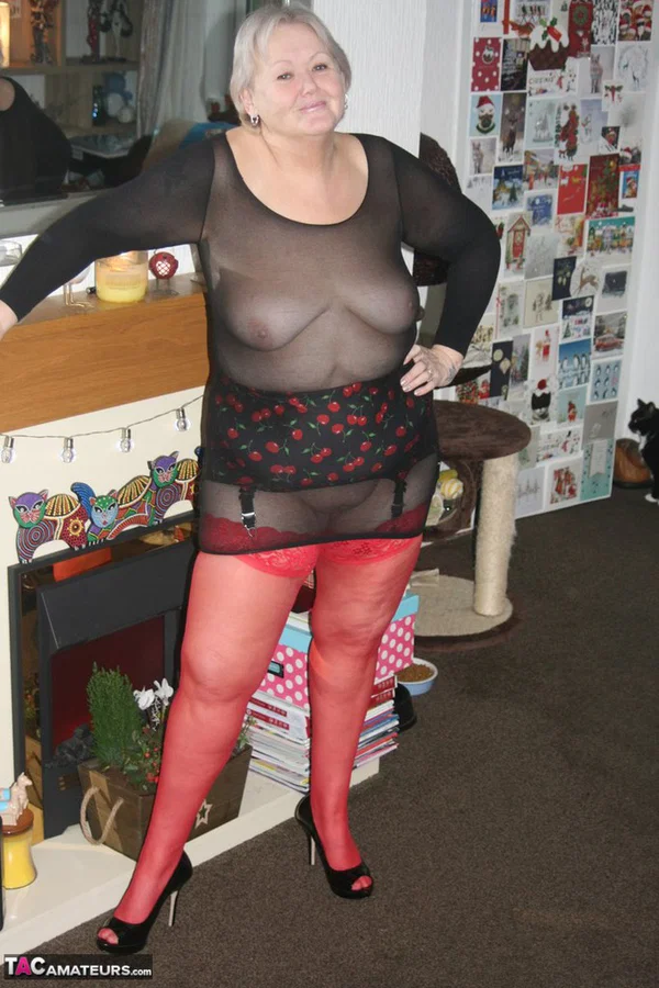 Old woman models her new red stockings in see thru clothing and heels  - Granny, BBW, Lingerie, Amateur, Stockings, Chubby, High Heels, Big Tits, Short Hair, Curvy  - Photo 16