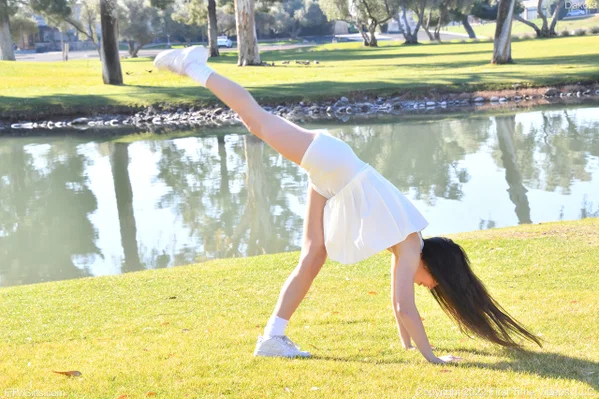 Amateur babe Dakota unveils her tiny tits and does a handstand by the river  - Petite, Tiny Tits, Clothed, Upskirt, Sexy, Amateur, Flexible, Natural Tits, Skirt, Outdoor  - Photo 9
