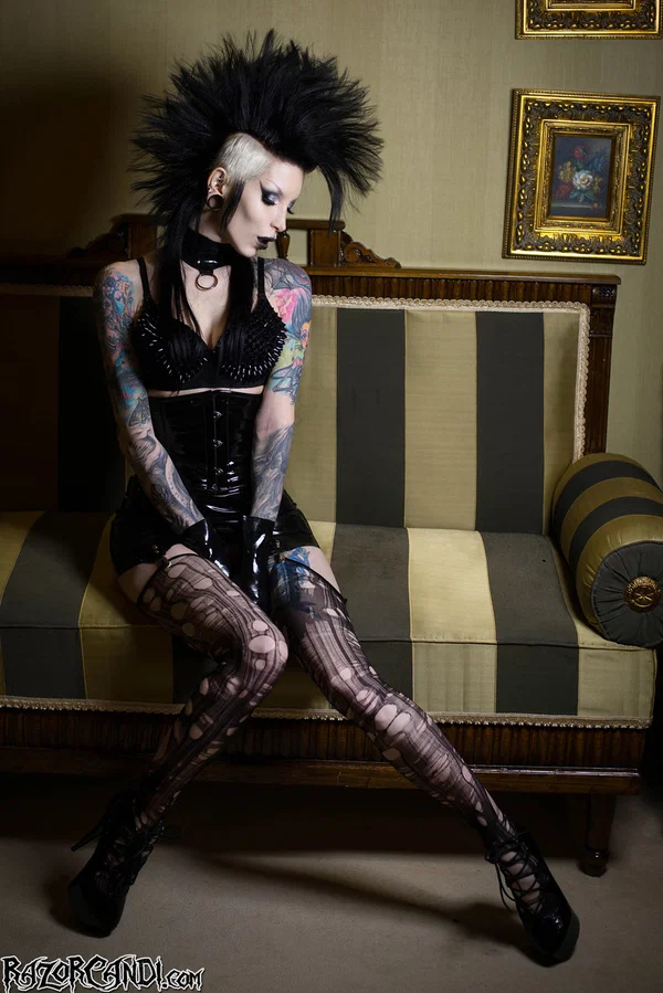Alternative girl Razor Candi dildos her pussy while wearing black latex gloves  - Tattoo, MILF, Fetish, Redhead, Lingerie, Stockings, Beautiful, Dildo, Skinny, Legs  - Photo 4