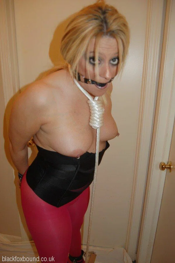 Blonde chick displays her boobs while ball gagged and restrained in pantyhose  - Lingerie, MILF, BDSM, Pantyhose, Amateur, Big Tits, Bondage, Spreading, High Heels, Blonde  - Photo 3