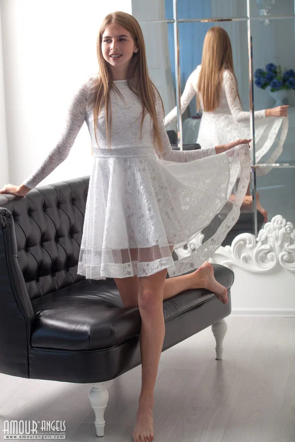 Young looking girl Rina takes off her pretty dress to model totally naked  - Braces, Skinny, Teen, Amateur, Skirt, Clothed, Spreading, Pussy, Ass, Shaved  - Photo 5