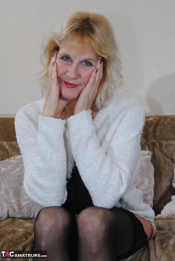 Older blonde amateur Dimonty uncups her enhanced tits in nylons  - Mature, Stockings, Amateur, High Heels, Blonde, Lingerie, Panties, European, Legs, Ass  - Photo 7