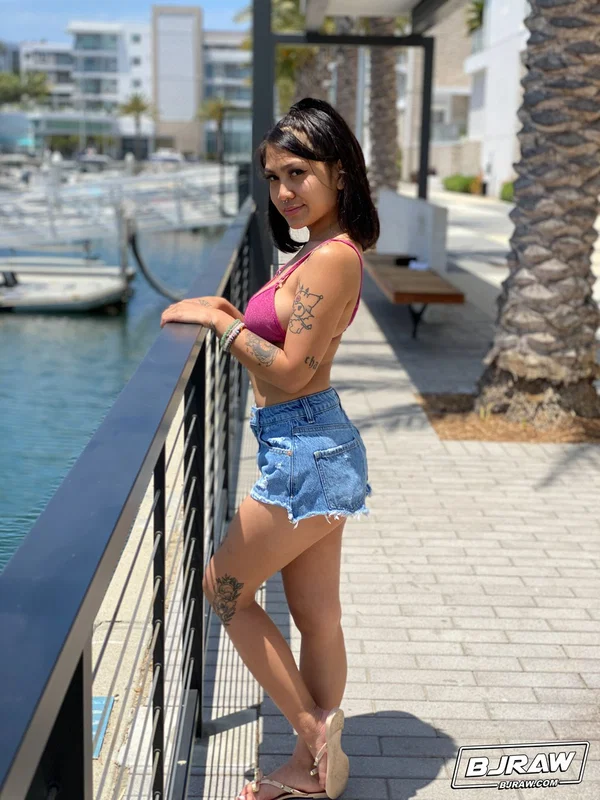 Brunette Asian teen with tattoos Yumi Sin poses nude and gets her face fucked  - Asian, Deepthroat, Blowjob, POV, Public, Bikini, Tattoo, Piercing, Natural Tits, Shorts  - Photo 6