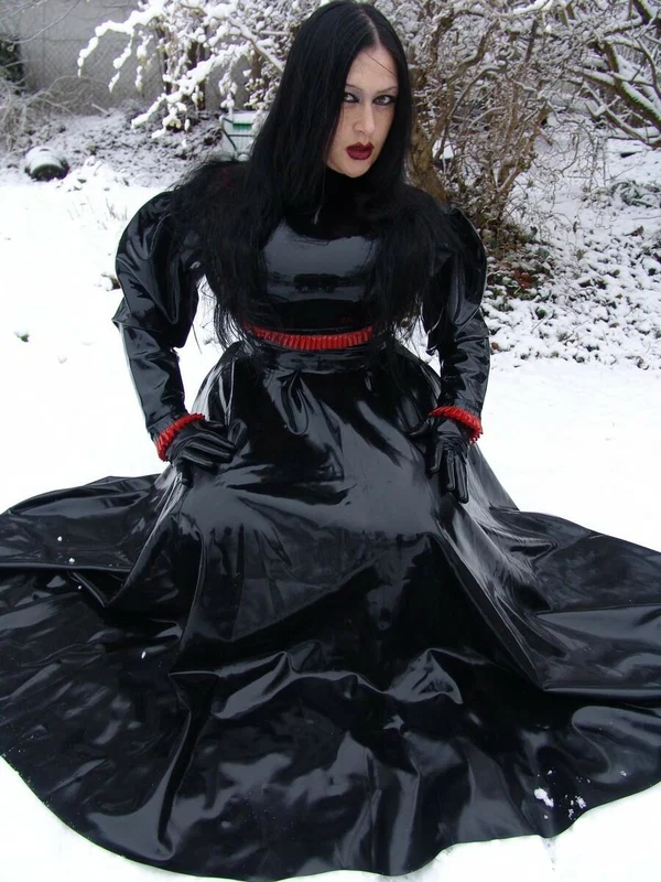Goth woman Lady Angelina models a black latex dress on snow-covered ground  - Fetish, Latex, MILF, Clothed, Outdoor, Non Nude, Brunette  - Photo 2