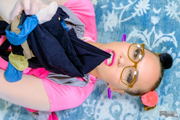 Cute girl Naomi adorns herself in layers of nylons during SFW solo action  - Wife, Housewife, Pantyhose, Glasses, Fetish, Pigtails, Clothed, Skirt, Feet, Solo  - Photo 8