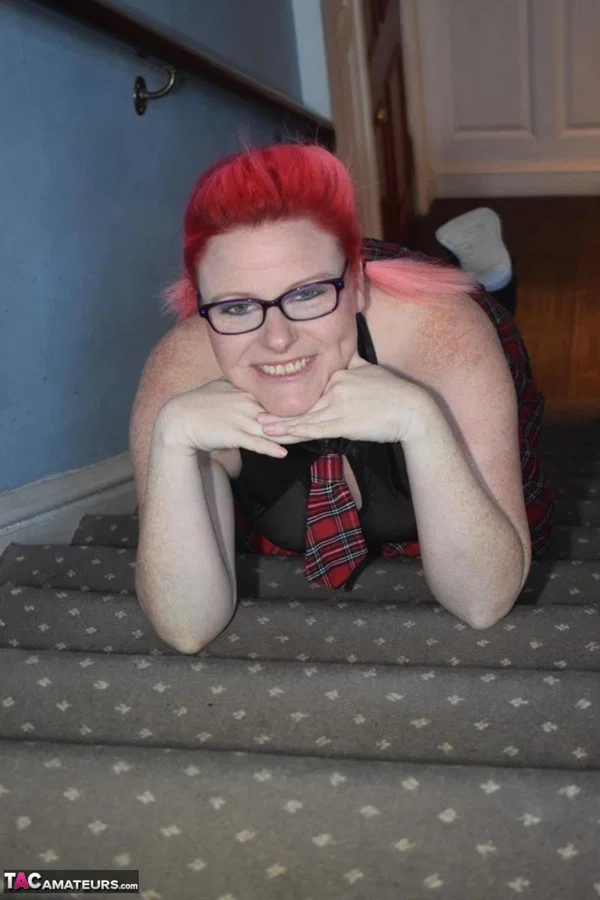 Mature amateur Mollie Foxxx exposes herself in schoolgirl attire  - BBW, Mature, Chubby, Curvy, Thick, Amateur, Glasses, Upskirt, Redhead, Clothed  - Photo 3