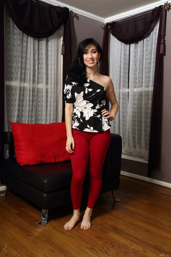 Dark-haired teen Aria Alexander removes red pants before masturbating on a sofa  - Pussy, Dildo, Amateur, Sexy, Shaved, Natural Tits, Masturbation, Legs, Tiny Tits, Teen  - Photo 2