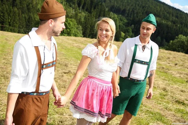 Blonde teenager Nikki Dream sucks and fucks 2 of her guy friends in hay field  - Teen, Outdoor, Blonde, Stockings, Groupsex, Cowgirl, Threesome, Ass, Ass Fucking, Facial  - Photo 1