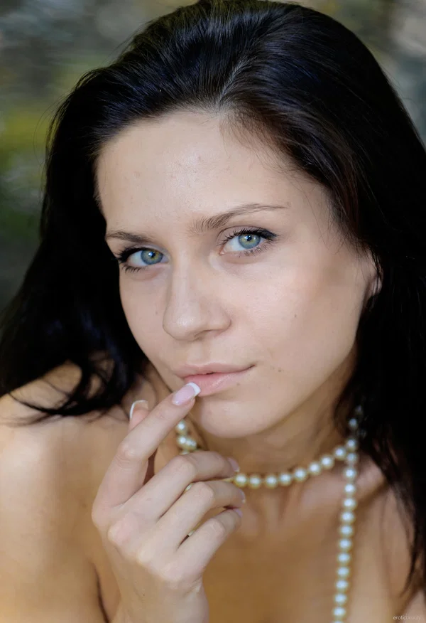 Naked brunette girl with long hair and blue eyes poses beside a pond  - Outdoor, Beautiful, Cute, Babe, Teen, Shaved, Skinny, Pussy, Model, Face  - Photo 14