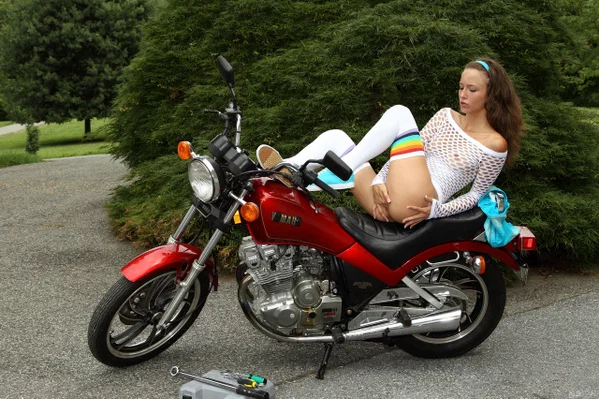 Amateur girl Malena Morgan masturbates on a motorcycle in over the knee socks  - Teen, Sexy, Shaved, Tall, Pussy, Tiny Tits, Masturbation, Amateur, Natural Tits, Stockings  - Photo 7