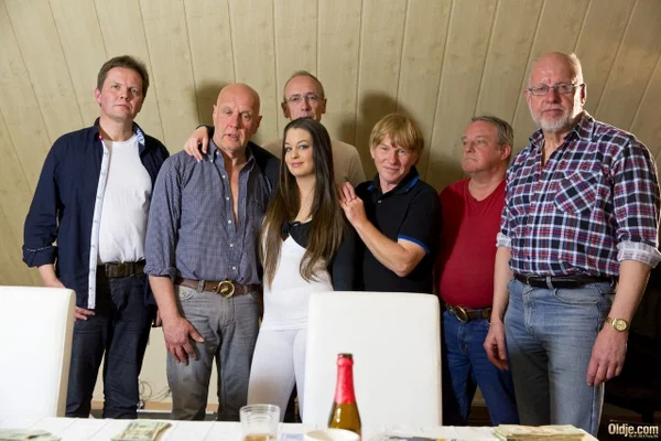 Horny senior poker players enjoying group sex with lovely teen Angelina Brill  - Teen, Old Young, Gangbang, Old Man, Brunette, Handjob, Blowjob, Cute, Non Nude  - Photo 1