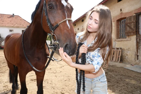 Big breasted teenage farmer Milla taking her favorite horse for a walk  - Cute, Teen, Beautiful, Model, Glamour, Babe, Solo, European  - Photo 10