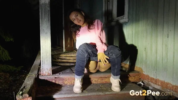 Solo girl Summy May takes a piss on the steps of a decrepit house at night  - Pissing, Outdoor, Jeans, Pussy, Close Up, Non Nude, Babe, Beautiful, Solo, European  - Photo 4