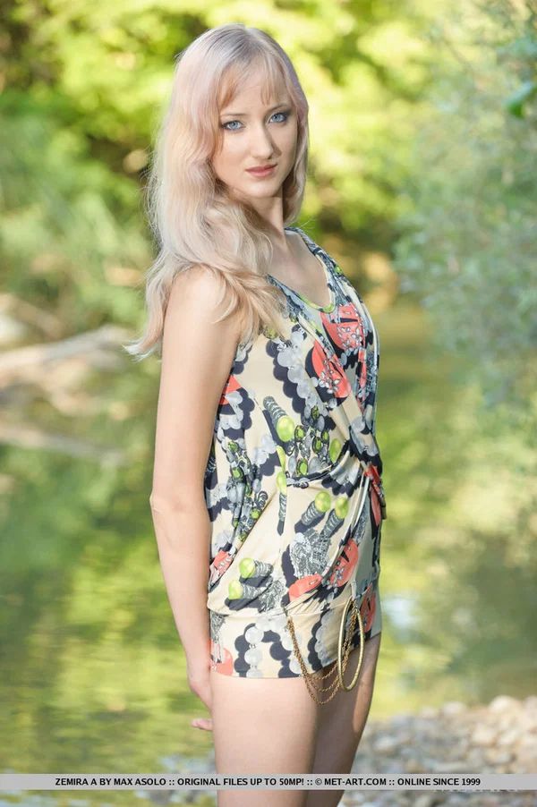 Teen model Zemira A slips off her dress to pose totally nude by a river  - Big Tits, Teen, Nipples, Outdoor, Skinny, Shaved, Spreading, Skirt, Pussy, Ass  - Photo 2