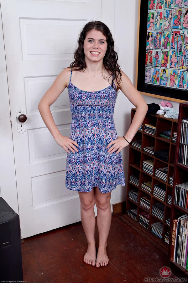 Sweet teen Lexy Lotus strips to black underwear in a room filled with records  - Pretty, Teen, Cute, Brunette, Amateur, White  - Photo 1