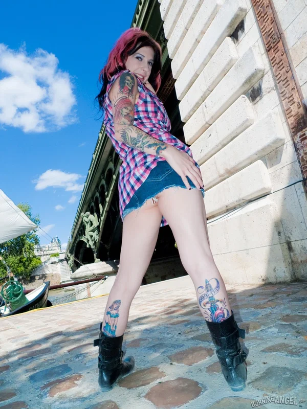 Tattooed girl Joanna Angel shows her tits and twat in farm girl attire  - Arab, Pussy, Clothed, MILF, Tattoo, Beautiful, Legs, Upskirt, Panties, Outdoor  - Photo 3