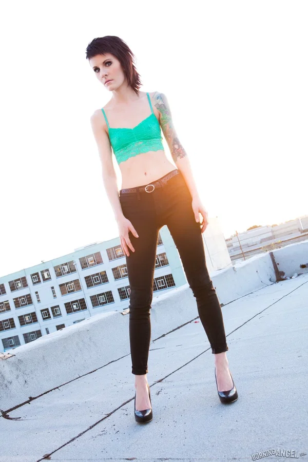 Skinny alt babe with tattooed body exposing tiny tits outdoors on rooftop  - Skinny, Nipples, Tiny Tits, Tattoo, Babe, Outdoor, Clothed, Jeans, Panties, Undressing  - Photo 1