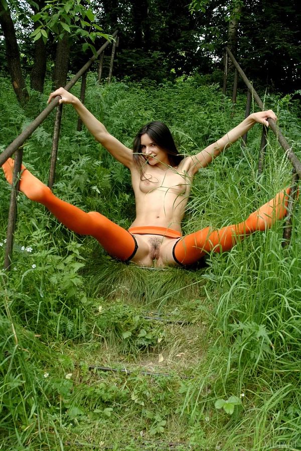 Skinny brunette shows her tits and pussy in orange stockings on a swing  - Teen, Outdoor, Glamour, Legs, Stockings, Feet, Beautiful, Babe, Tiny Tits, Brunette  - Photo 17
