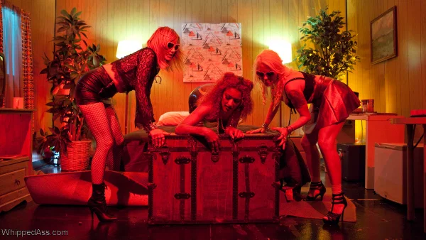 Blonde girl is blindfolded by a couple of lesbians before being masturbated  - Femdom, Glasses, Lesbian, BDSM, Bondage, Curly, High Heels, Stockings, Tattoo, Blonde  - Photo 4
