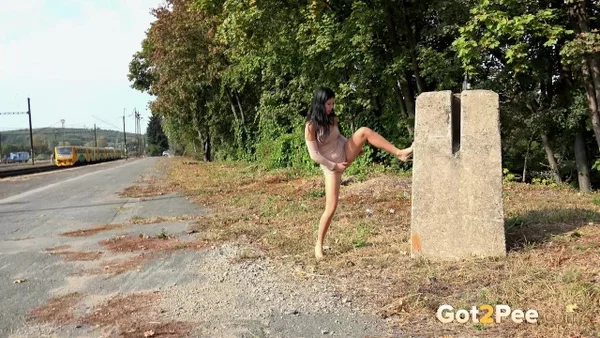 Dark haired girl Lady Dee wanders off the side off a road to take a pee  - Pissing, Outdoor, Spreading, Babe, Skirt, Brunette, Teen, Skinny, Clothed, Czech  - Photo 2