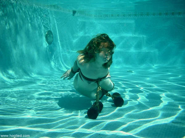 Curvaceous American MILF posing bound at the bottom of the pool  - Underwater, Bondage, BDSM, Wet, MILF, Redhead, Outdoor, White  - Photo 1