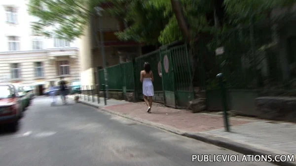 Strolling brunette gets her natural tits exposed by stranger in public assault  - Cute, Teen, Outdoor, Brunette, Non Nude  - Photo 1