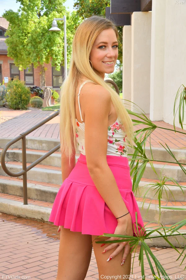 Amateur babe in a pink skirt River reveals her twat and poses in heels  - Skirt, Babe, Public, Upskirt, Solo, High Heels, Spreading, Blonde, Pussy, Undressing  - Photo 2
