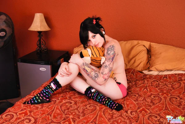 Dark haired girl Barbie A holds a stuffed animal while topless in socks  - Socks, Fetish, Amateur, Tattoo, Panties, Big Tits, Spreading, Babe, Beautiful, Solo  - Photo 4