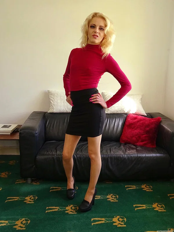 Blonde submissive April Paisley has her mouth taped shout after undressing  - Amateur, Pantyhose, Blonde, Shaved, Spreading, Legs, Panties, High Heels, Skirt, Clothed  - Photo 1