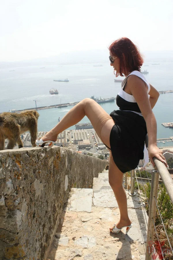 Solo girl flashes a no panty upskirt in nylons while on vacation in Gibraltar  - Clothed, Outdoor, MILF, Stockings, High Heels, Feet, Redhead, Ass, Legs, Glasses  - Photo 8