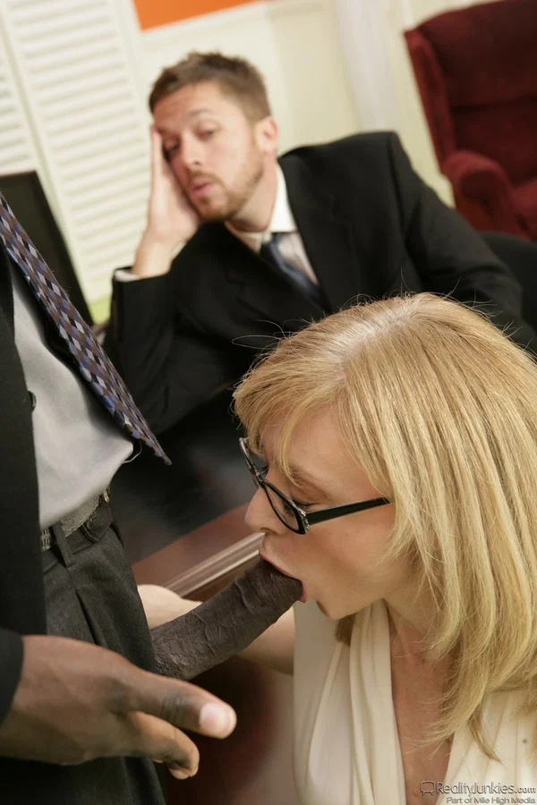 Naughty Nina Hartley has hardcore sex with her black boss in front of her man  - Cuckold, Mom, Hotwife, Stockings, Pussy, Glasses, Interracial, Uniform, Office, Upskirt  - Photo 16