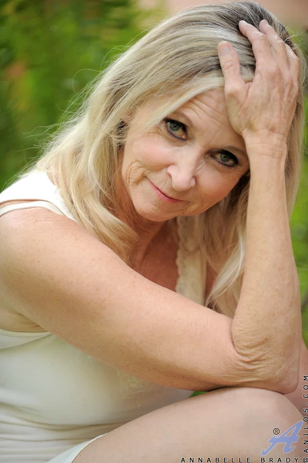 Blonde granny Annabelle Brady removes her dress & masturbates in the back yard  - Mature, Upskirt, Amateur, Skirt, Outdoor, Pussy, Stockings, Clothed, Natural Tits, Masturbation  - Photo 1