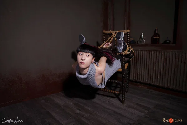 Solo girl Carmineworx is tied to a chair in a highly uncomfortable position  - BDSM, Clothed, Bondage, Stockings, High Heels, Nipples, Ass, Tattoo, Skirt, PAWG  - Photo 14