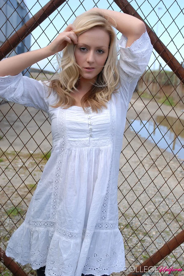 Cute blonde babe Alana Chase posing in her gorgeous outfit outdoors  - College, Schoolgirl, Uniform  - Photo 12