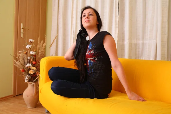 British teen Dalia masturbates on a yellow sofa after getting totally naked  - Jeans, Teen, Amateur, Brunette, Clothed, Spreading, Undressing, Panties, Ass, PAWG  - Photo 2