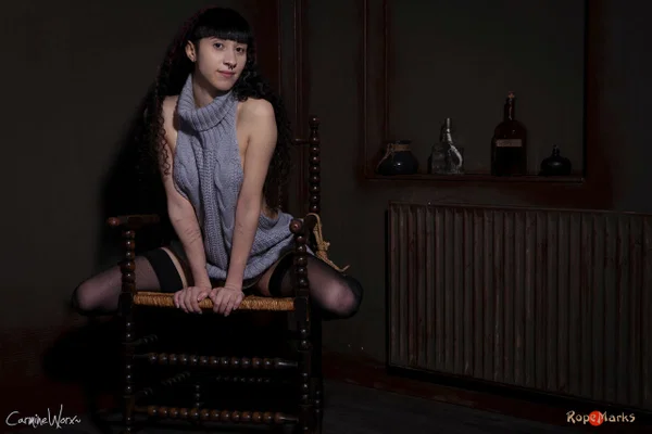 Solo girl Carmineworx is tied to a chair in a highly uncomfortable position  - BDSM, Clothed, Bondage, Stockings, High Heels, Nipples, Ass, Tattoo, Skirt, PAWG  - Photo 3